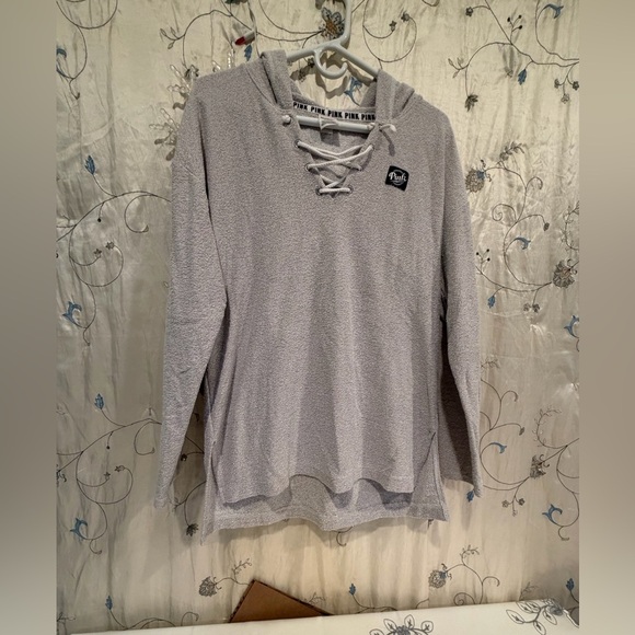 PINK Victoria's Secret Tops - PINK Victoria's Secret Gray Lace-Up Hoodie